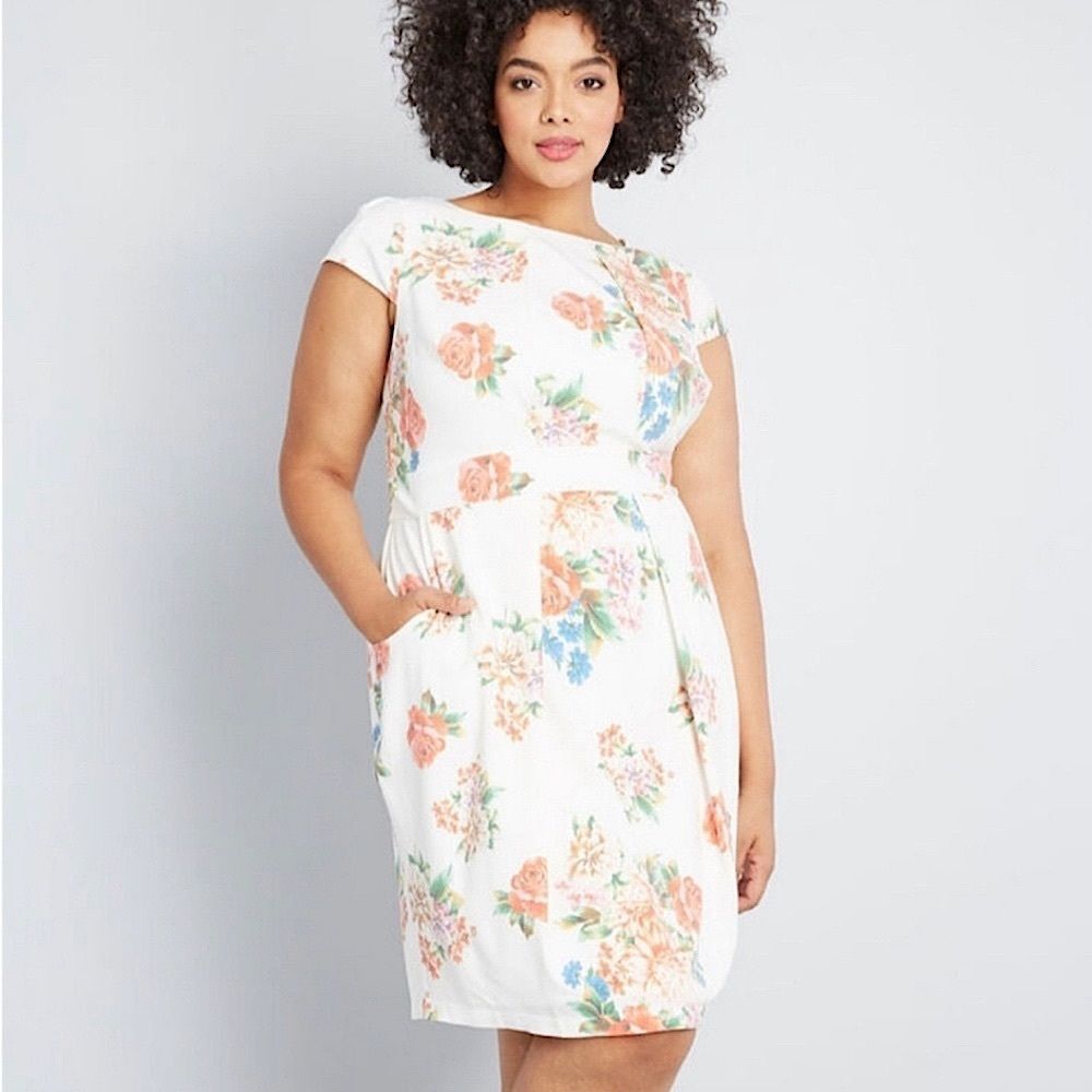 ModCloth Dress Elegant Reflections Sheath White Floral Midi with Pockets Size 1X